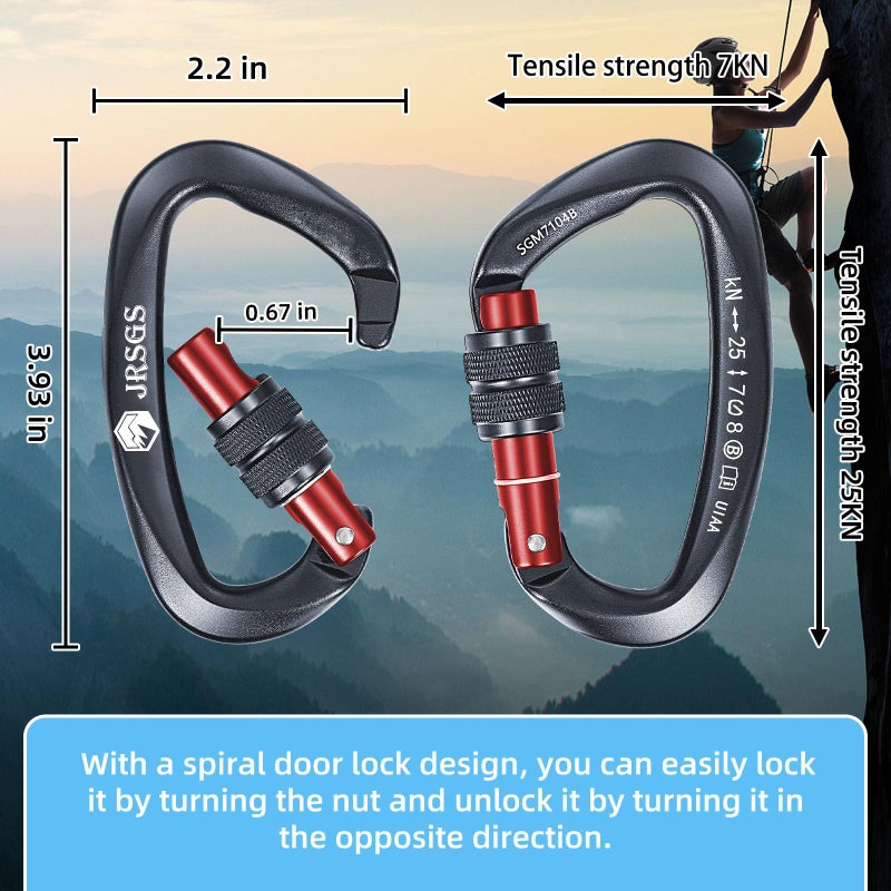 JRSGS 25KN Locking Climbing Carabiner Clips  UlAA Certified Rockclimbing Carabiner Heavy Duty Carabiners Equipment Large SizeCarabiner for Climbing  Rappelling Hunting and Rescue - Image 2